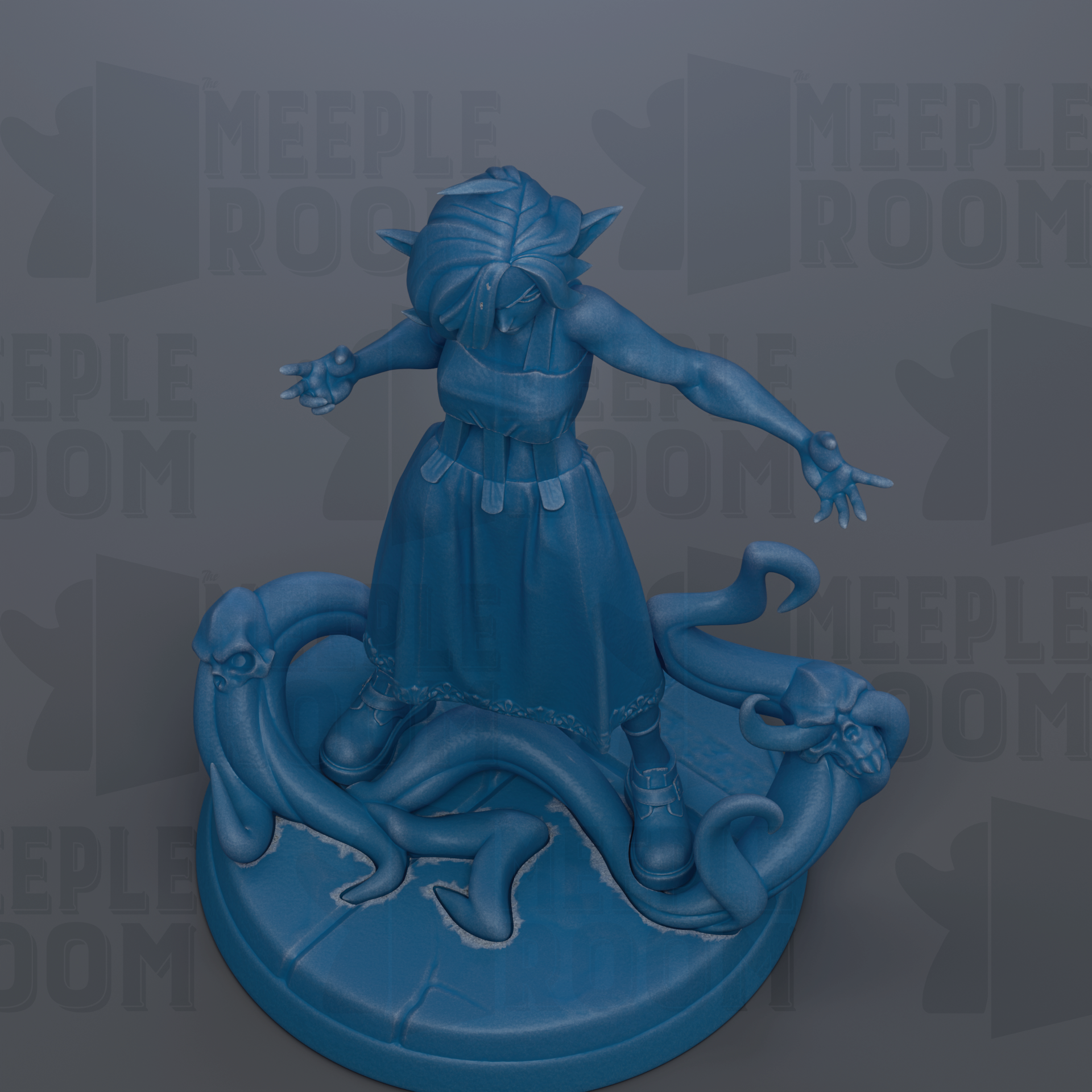 A blue figurine of a woman with a long dress and a headdress, standing on a platform with a snake and a dragon.
