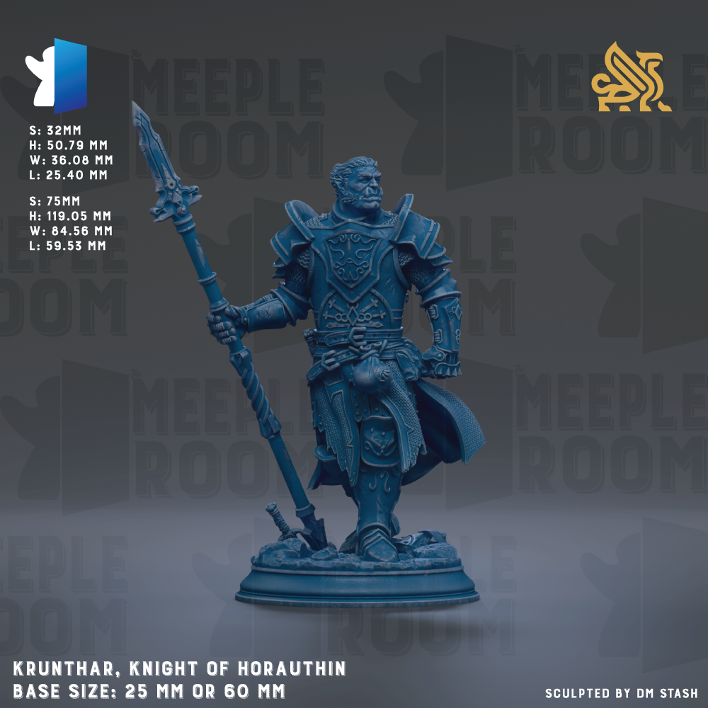 a knight in armor, specifically Krunthar, the Knight of Horauthin, standing in a fighting stance with a spear in his right hand. The base size of the statue is 25mm or 60mm.