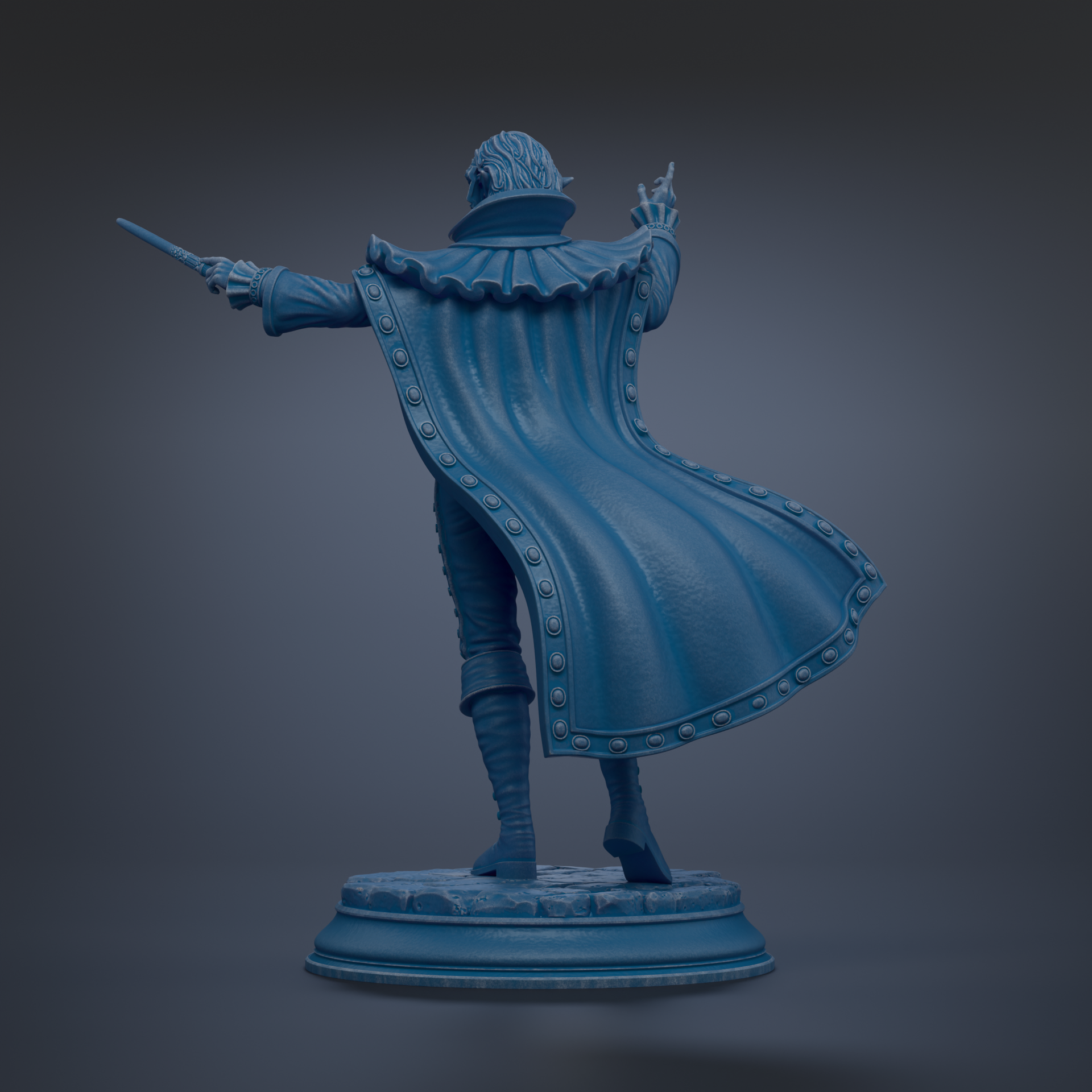 A 3D rendering of a statue of a person wearing a cape and holding a sword, standing on a pedestal.