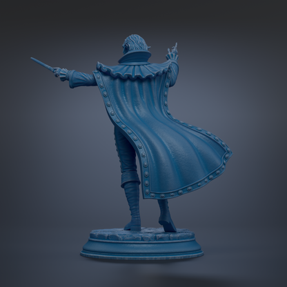 A 3D rendering of a statue of a person wearing a cape and holding a sword, standing on a pedestal.
