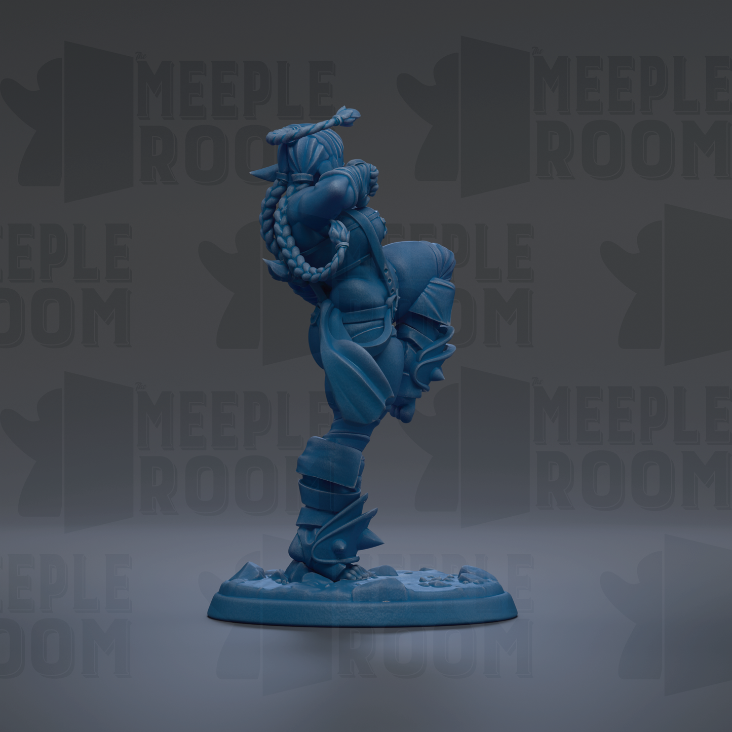 A blue figurine of a person standing on one leg, with a sword in their hand, against a dark background with repeated text.