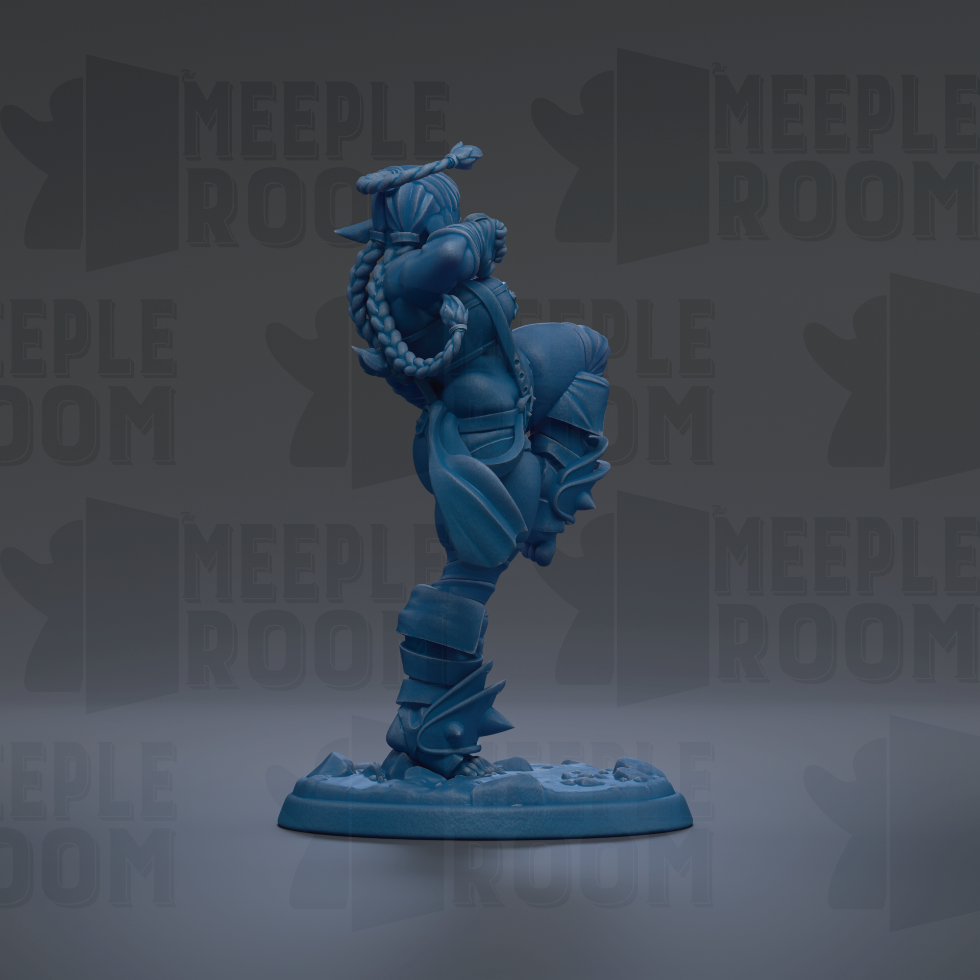 A blue figurine of a person standing on one leg, with a sword in their hand, against a dark background with repeated text.