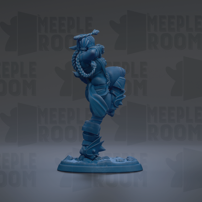 A blue figurine of a person standing on one leg, with a sword in their hand, against a dark background with repeated text.