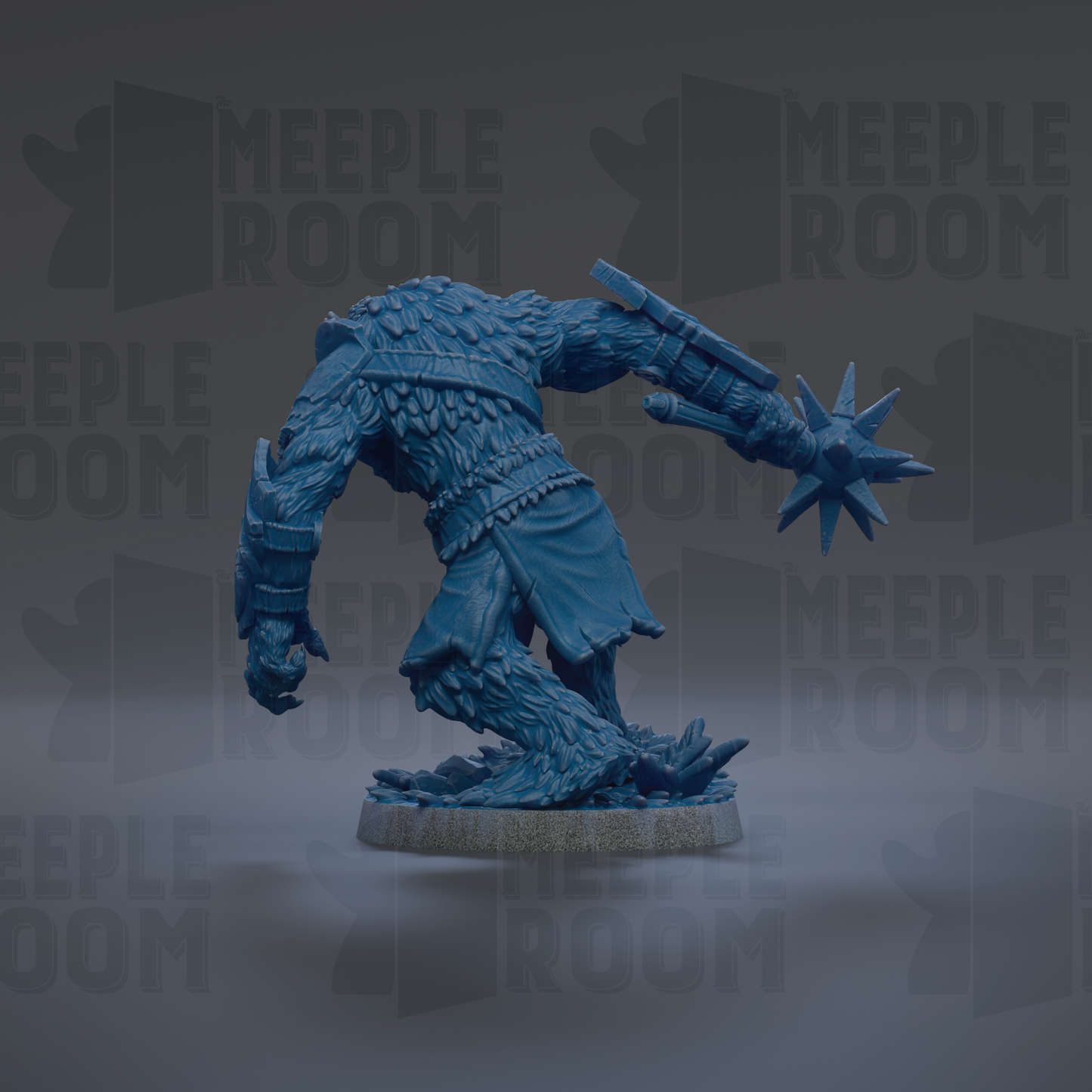 A blue, furry figurine with a star-shaped weapon in its hand, standing on a gray base against a dark background with repeated text.