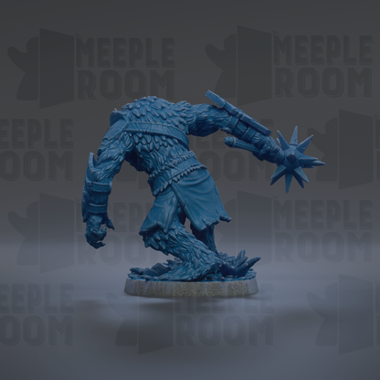 A blue, furry figurine with a star-shaped weapon in its hand, standing on a gray base against a dark background with repeated text.