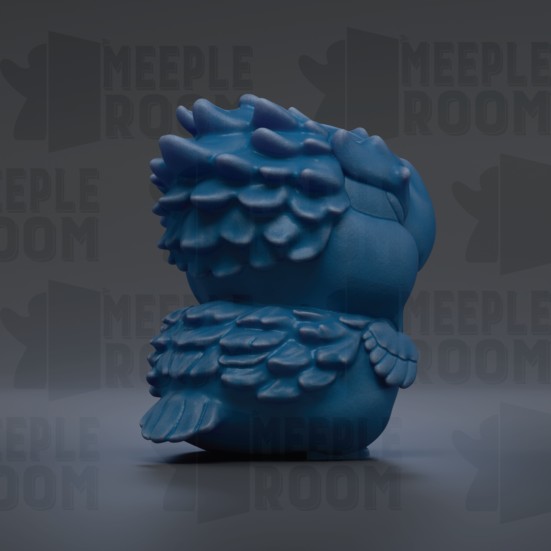 A blue, spiky bird-like object with a textured appearance, sitting on a surface against a dark background with repeated text.