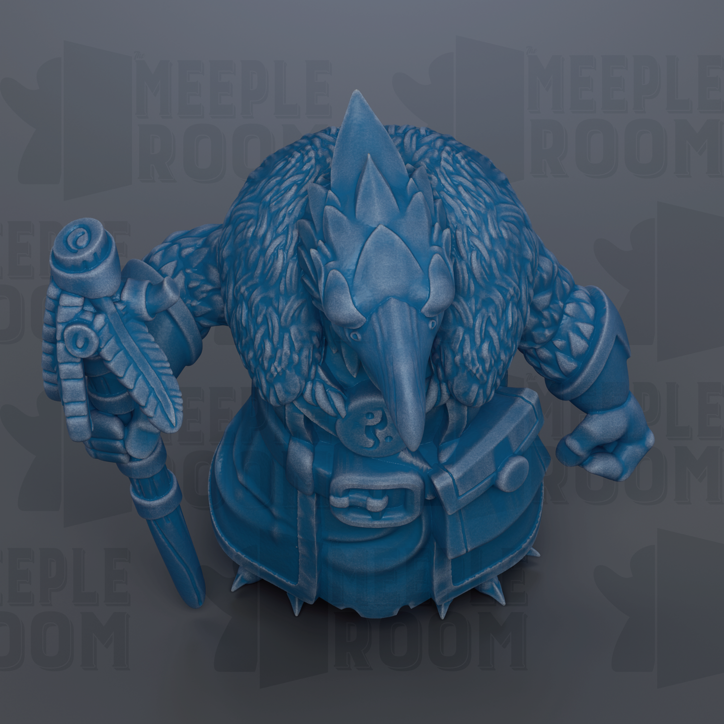 A blue, fantastical creature with sharp teeth and claws, holding a weapon and standing on a gray surface.
