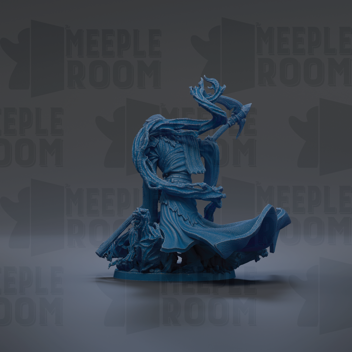 A blue, abstract figurine with flowing, organic shapes and lines, set against a dark background with repeated text.