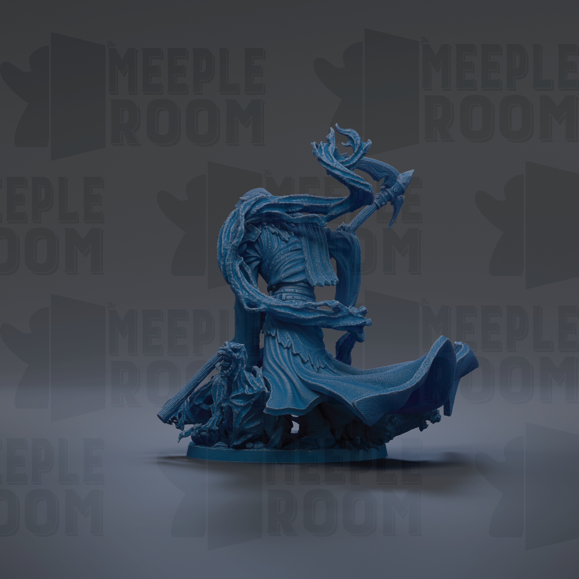 A blue, abstract figurine with flowing, organic shapes and lines, set against a dark background with repeated text.