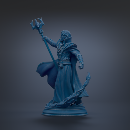 A blue statue of a figure holding a staff and standing on a pedestal against a dark background.