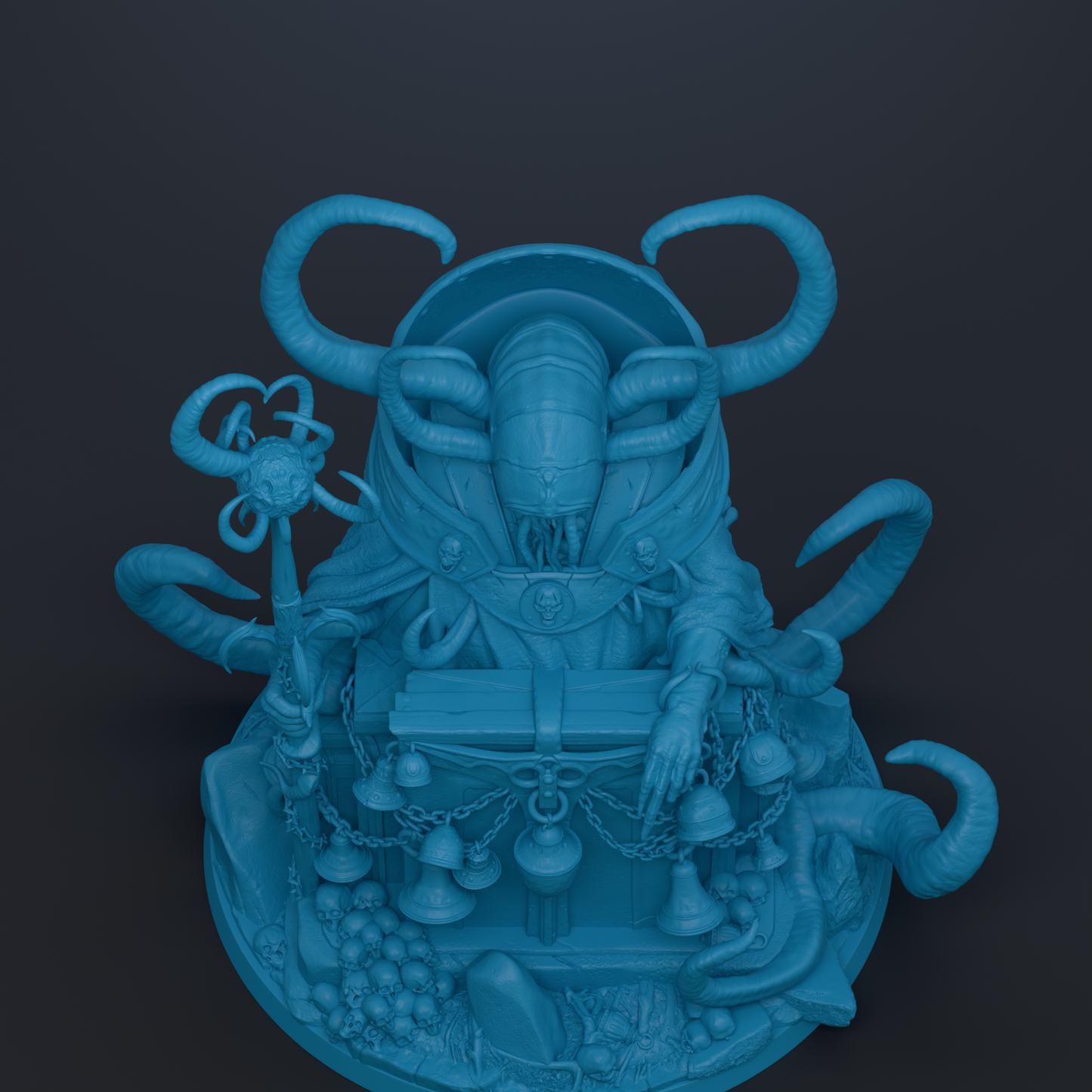 A blue, 3D-rendered statue depicting a fantastical creature with large, curved horns and a detailed, intricate design.