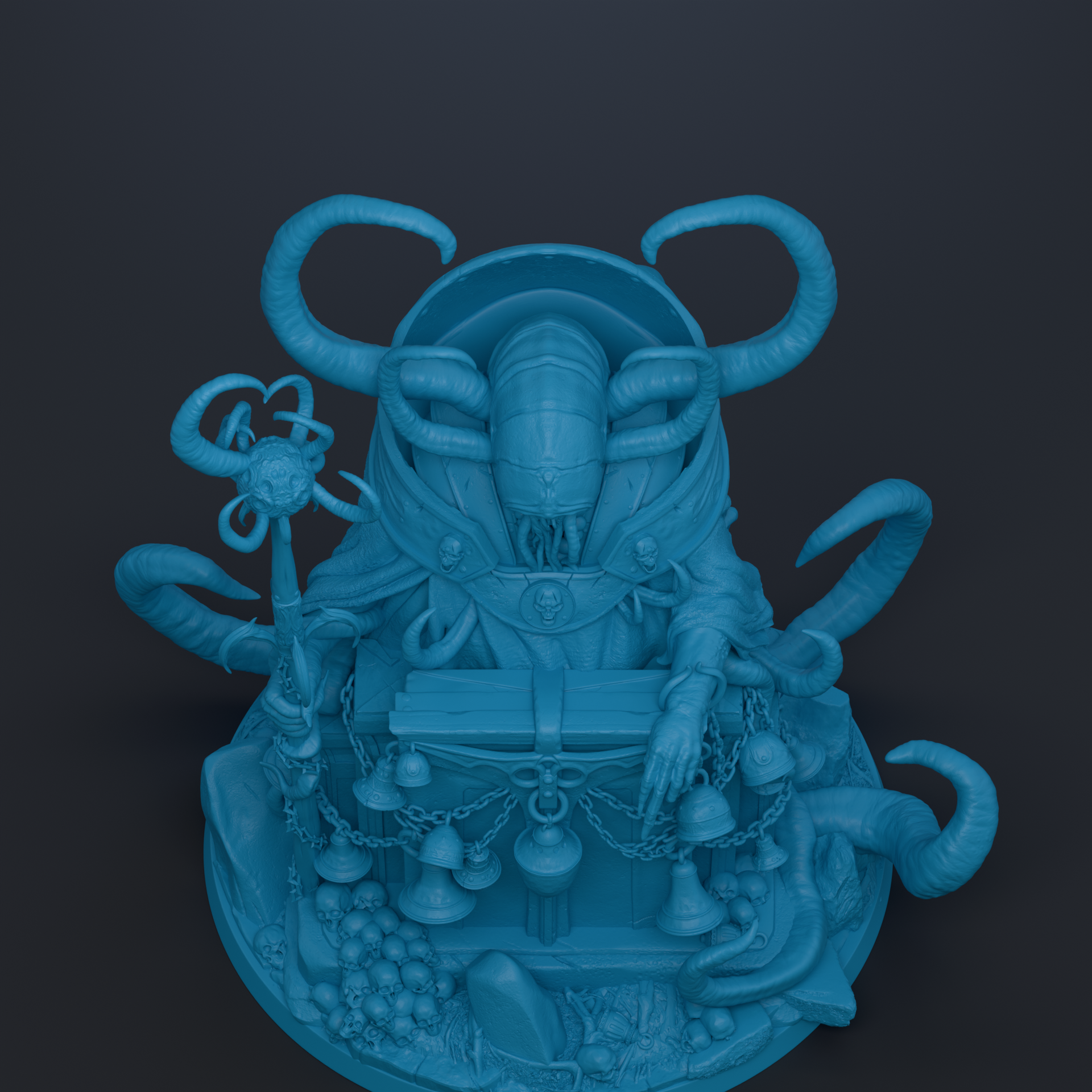 A blue, 3D-rendered statue depicting a fantastical creature with large, curved horns and a detailed, intricate design.