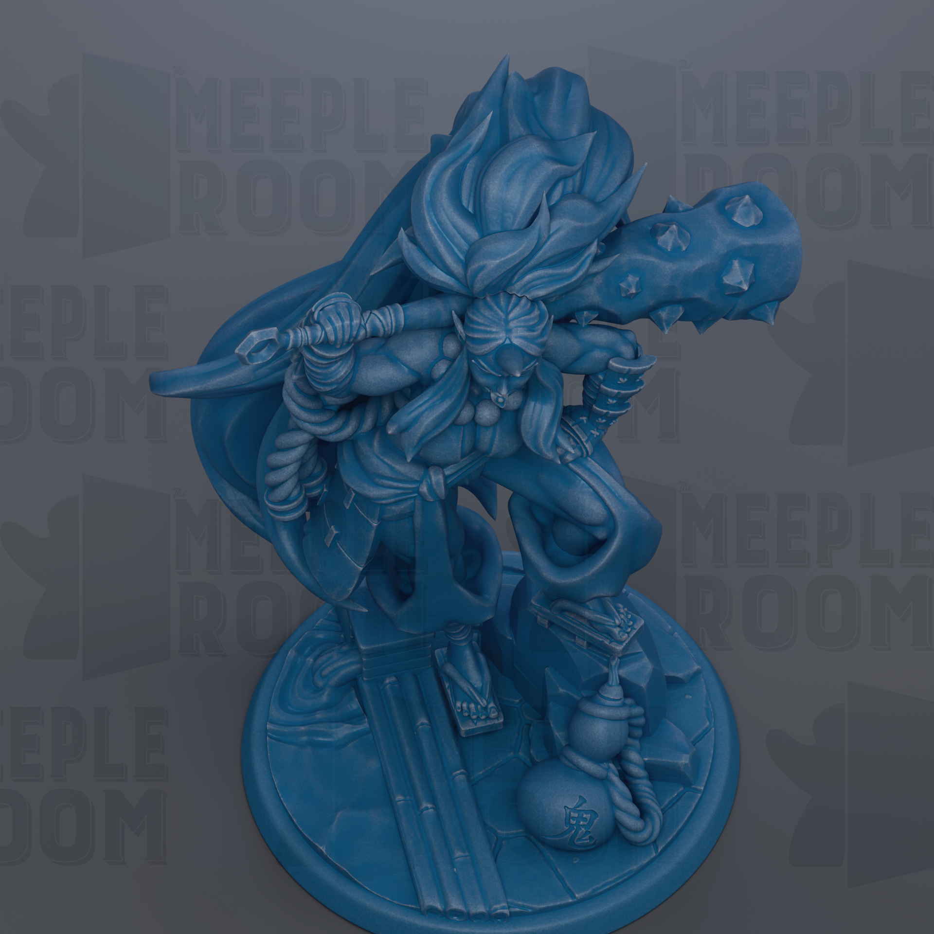 A blue figurine of a warrior-like character with a sword and shield, standing on a platform and holding a shield in one hand and a spear in the other.