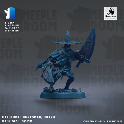 A statue of a blue-colored character, likely a guard or warrior, holding a sword and shield, standing on a base. The statue appears to be made of a material that resembles metal or stone. The background of the image is dark, which contrasts with the statue and makes it stand out. The statue is described as a "Cathedral Huntsman, Guard" and is shown in a 3.2" size. The image is described as a "Collage of images" and is "Sculpted by Rescue Miniatures".