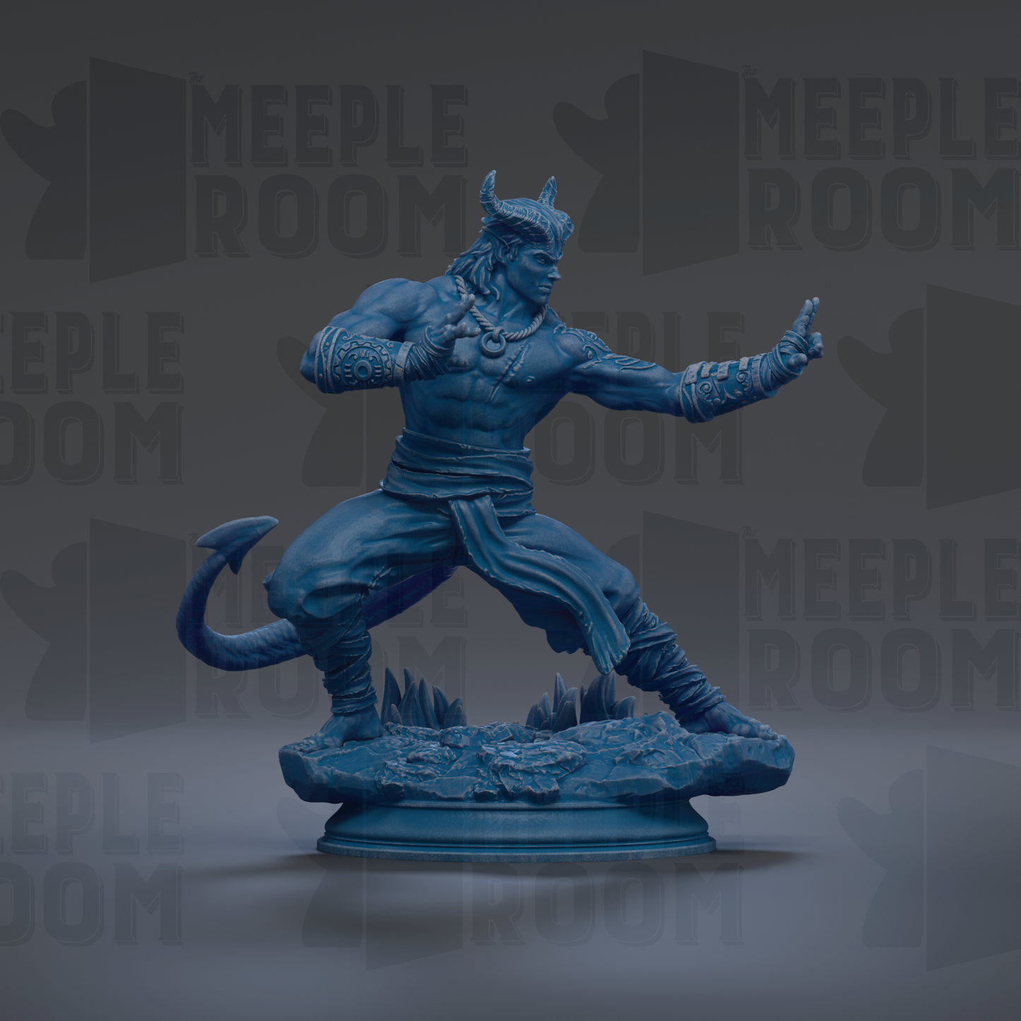A blue statue of a muscular, horned figure with a long beard, standing on a rock and appearing to be in a fighting stance.