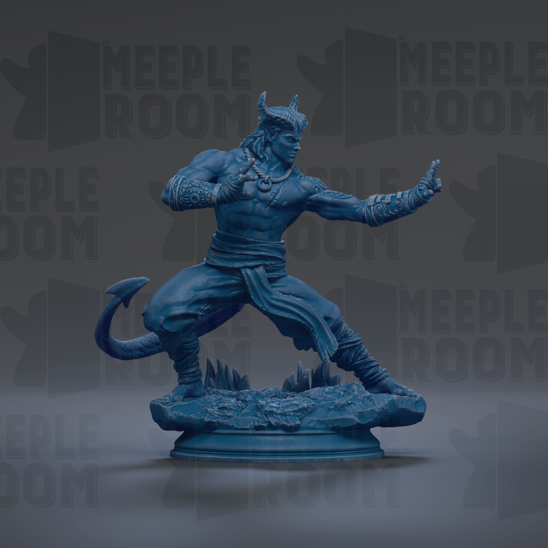 A blue statue of a muscular, horned figure with a long beard, standing on a rock and appearing to be in a fighting stance.