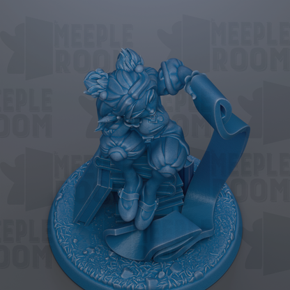 A 3D rendering of a blue, stylized character sitting on a platform with a scroll-like object.