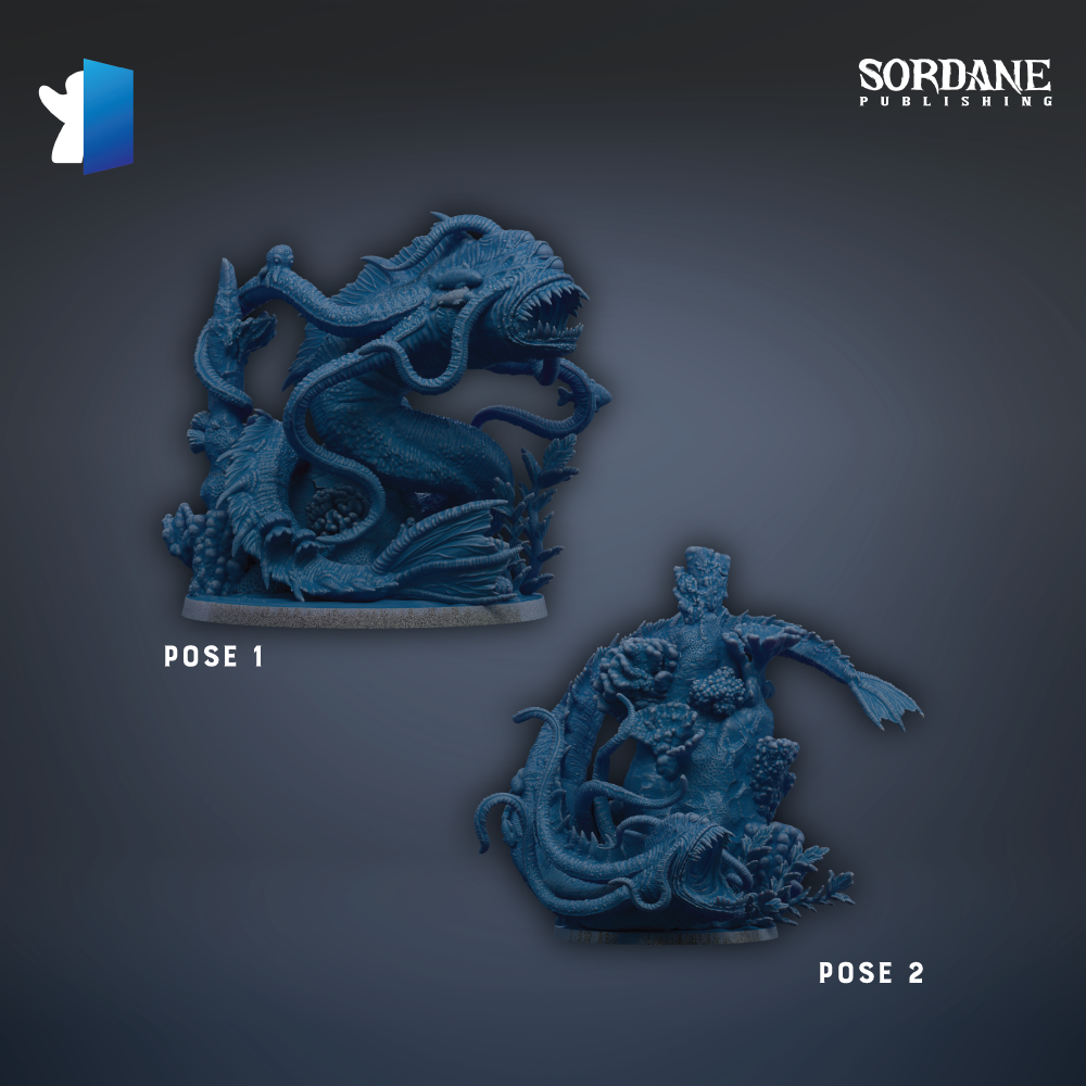 two blue, intricately designed figurines of fantastical creatures, including a large, menacing-looking creature with sharp teeth and claws. The figurines are posed in different positions, showcasing their detailed and imaginative designs.