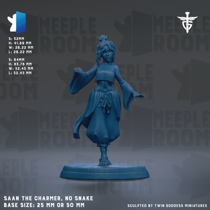 a statue of a woman with a snake around her neck, standing on a base. The statue is described as "Saan the Charmer" and "No Snake" in the provided text. The base size of the statue is 25mm or 50mm.