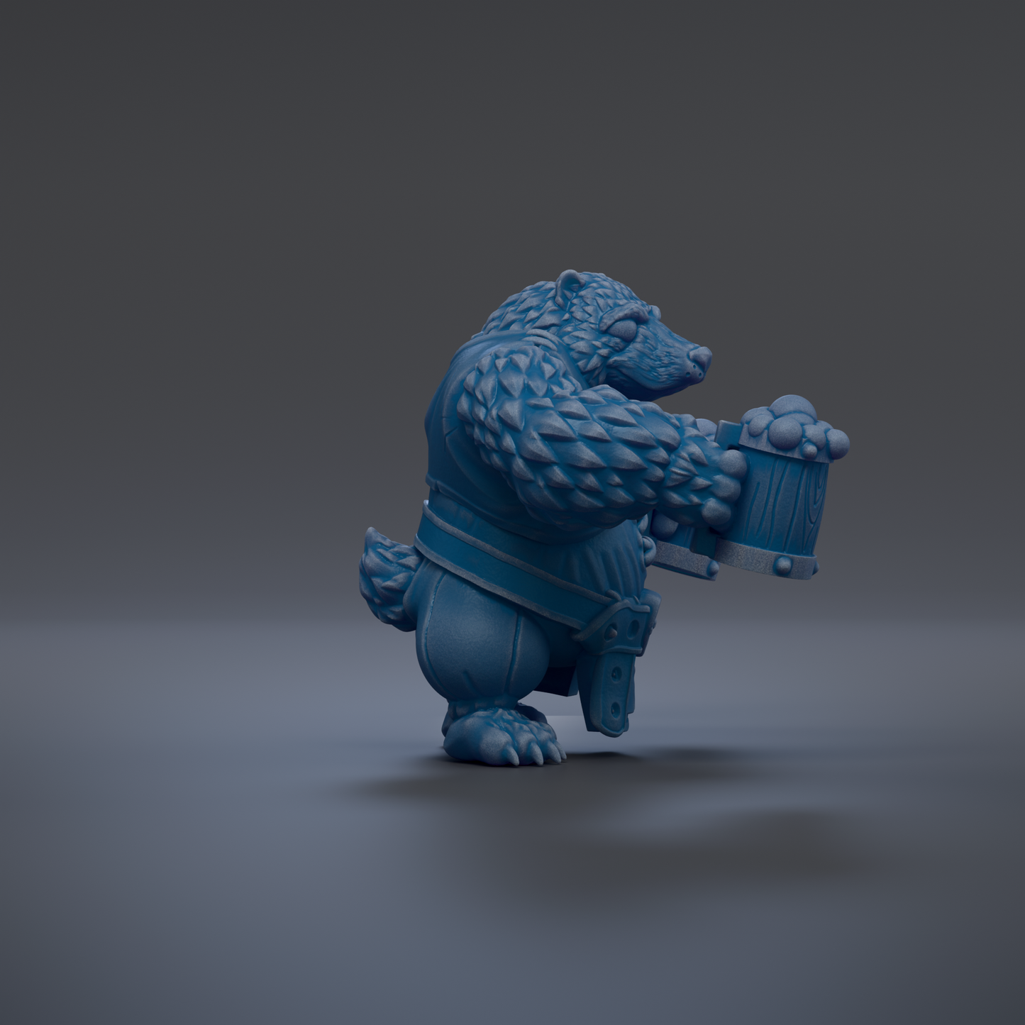 A blue, furry bear figurine holding a mug, standing on one leg against a dark background.