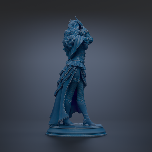 A blue statue of a woman with long hair and a flowing dress stands on a pedestal against a dark background.