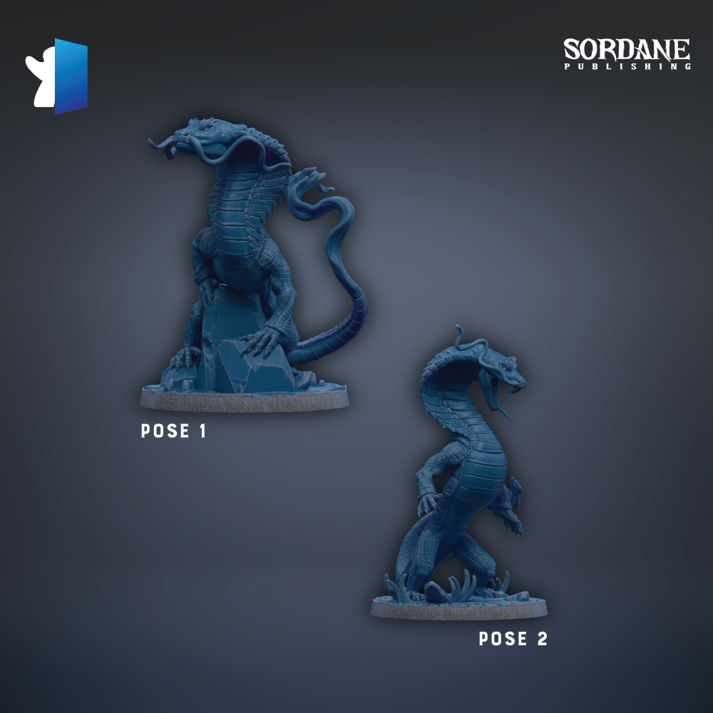 two blue figurines of snakes, each with a different pose, against a dark background.