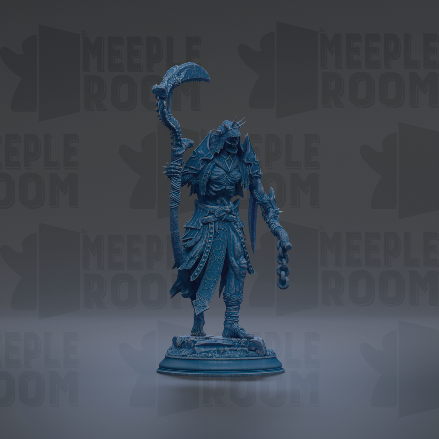 A blue figurine of a warrior-like character with a crescent moon on its head, standing on a pedestal against a dark background with repeated text.