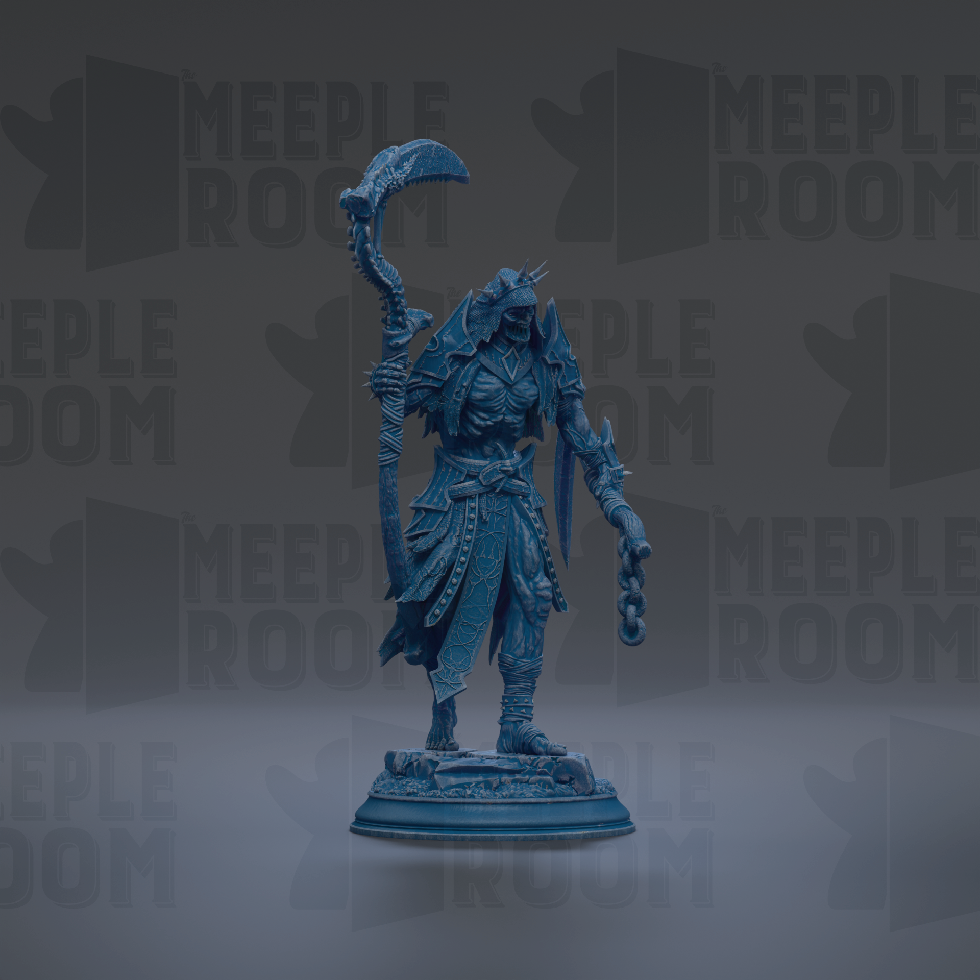 A blue figurine of a warrior-like character with a crescent moon on its head, standing on a pedestal against a dark background with repeated text.