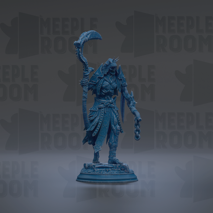 A blue figurine of a warrior-like character with a crescent moon on its head, standing on a pedestal against a dark background with repeated text.