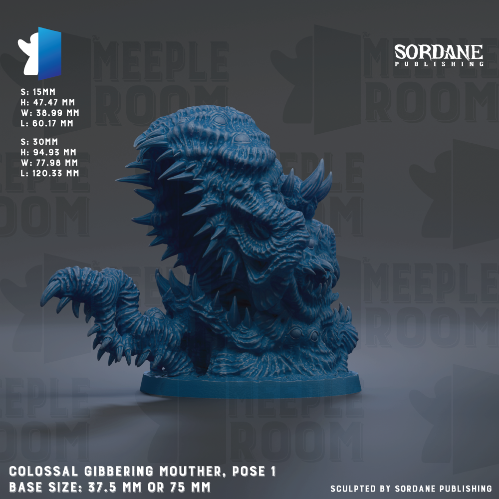 The image is a 3D rendering of a large, blue, sculpted figurine of a creature with sharp teeth and claws, resembling a mouth or mouster. The figurine is posed in a standing position, and the base size is either 7.5 mm or 75 mm. The image is a collage of multiple images, and it is described as a "COLOSSAL GIBBERING MOUTHER, POSSE 1" and "BASE SIZE: 7.5 mm OR 75 mm".