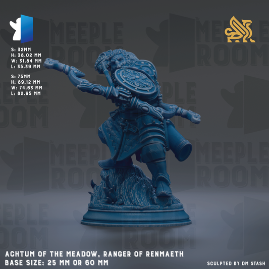 a blue statue of a ranger standing on a rock, with a shield and sword in hand. The statue is the main focus of the image, and the background is a dark gray color. The statue is described as the "Achum of the Meadow, Ranger of Renmaeth" and has a base size of 25mm or 60mm. The image is a collage of multiple images, and the phrase "Sculpted by DM Stash" is mentioned at the bottom.