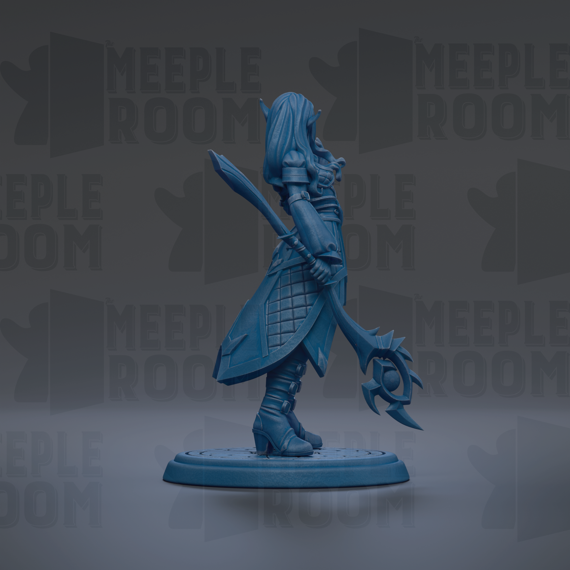 A blue figurine of a warrior figure holding a weapon and standing on a platform against a dark background with repeated text.