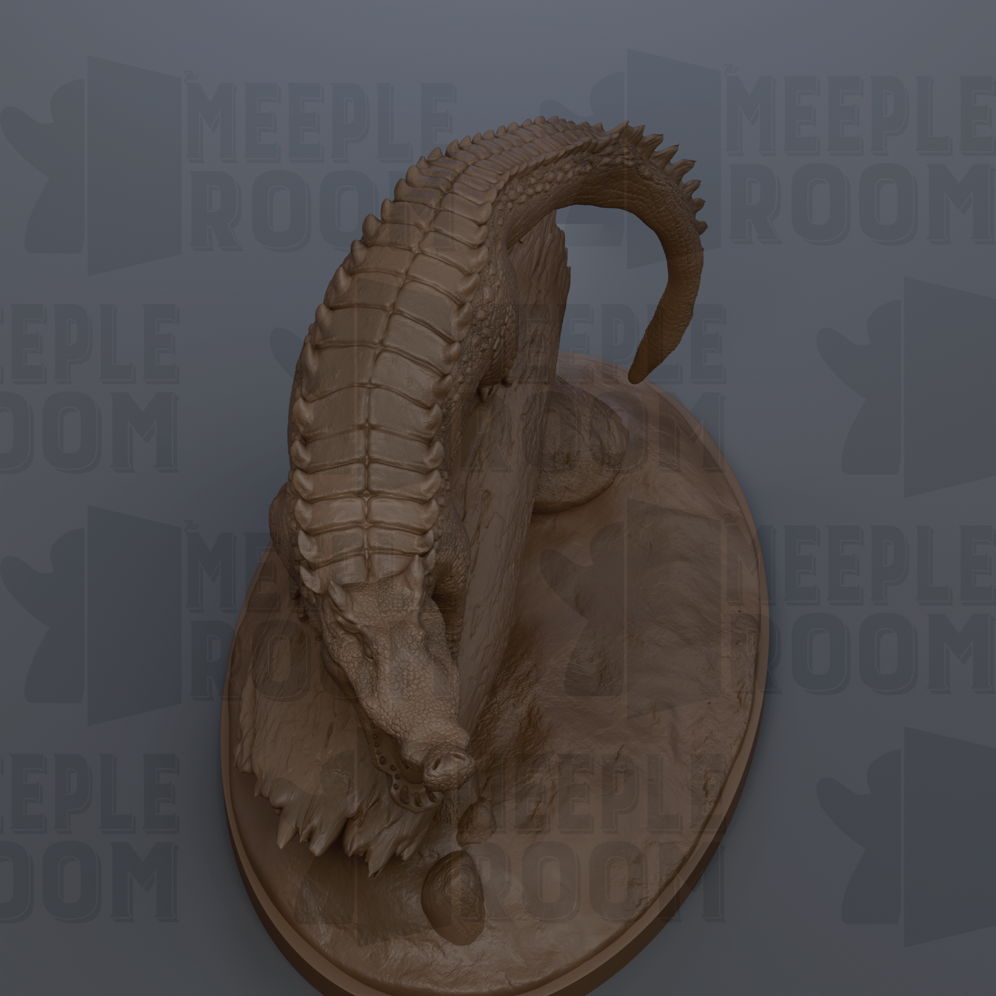 A 3D rendering of a crocodile statue on a pedestal, with the text "MEEPLE ROOM" visible in the background.