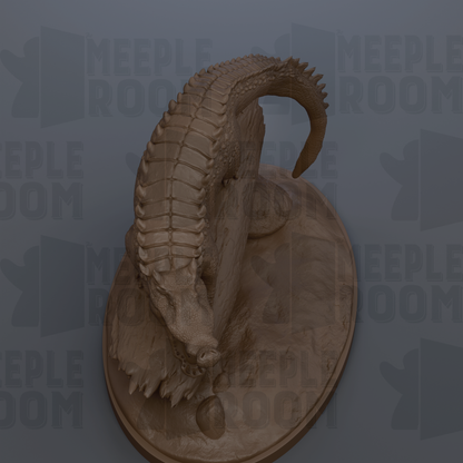 A 3D rendering of a crocodile statue on a pedestal, with the text "MEEPLE ROOM" visible in the background.