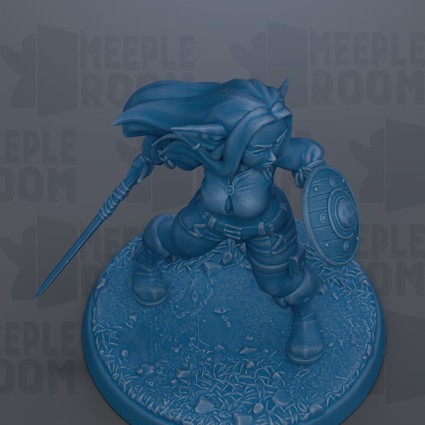 A blue figurine of a warrior figure, holding a shield and sword, stands on a rocky surface.