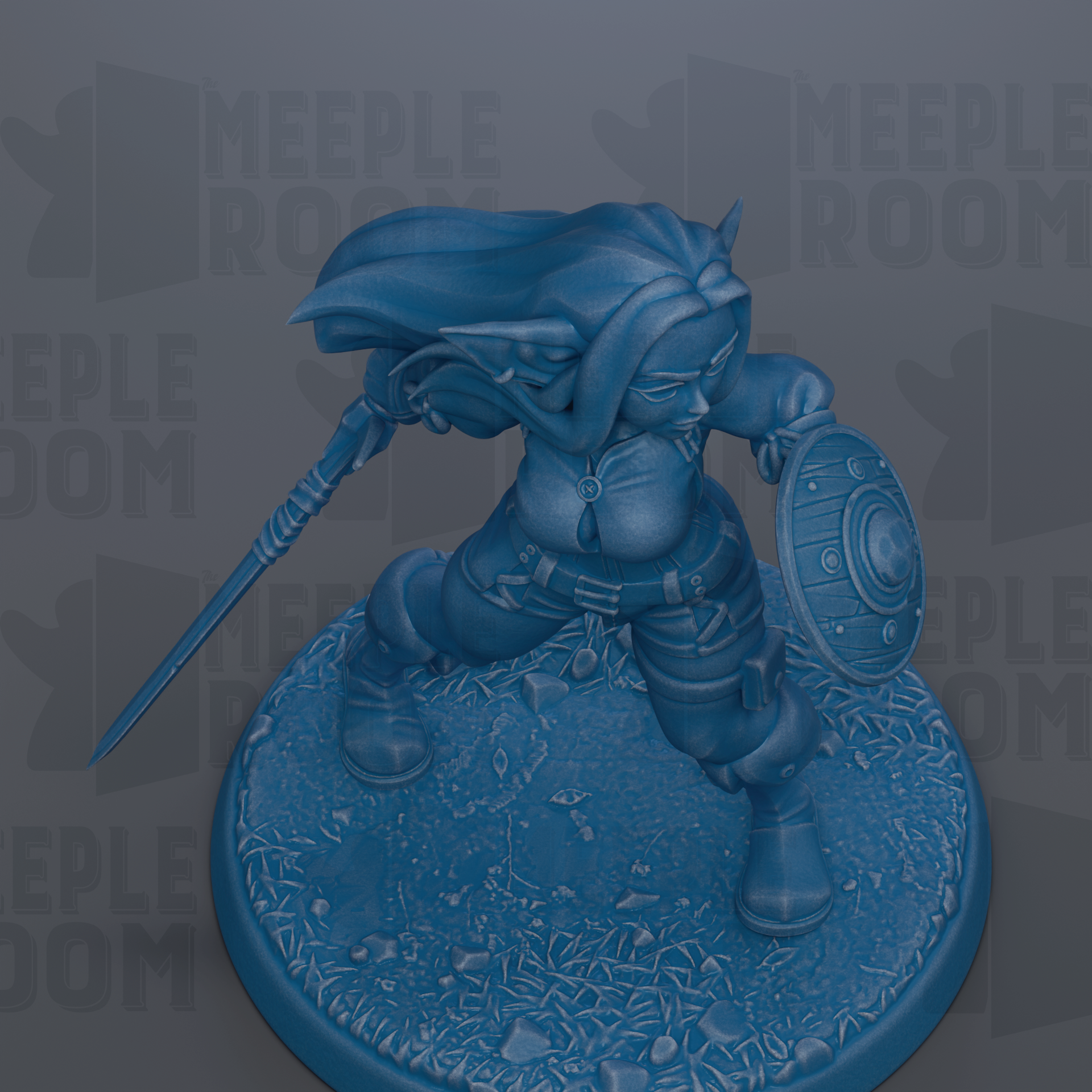 A blue figurine of a warrior figure, holding a shield and sword, stands on a rocky surface.