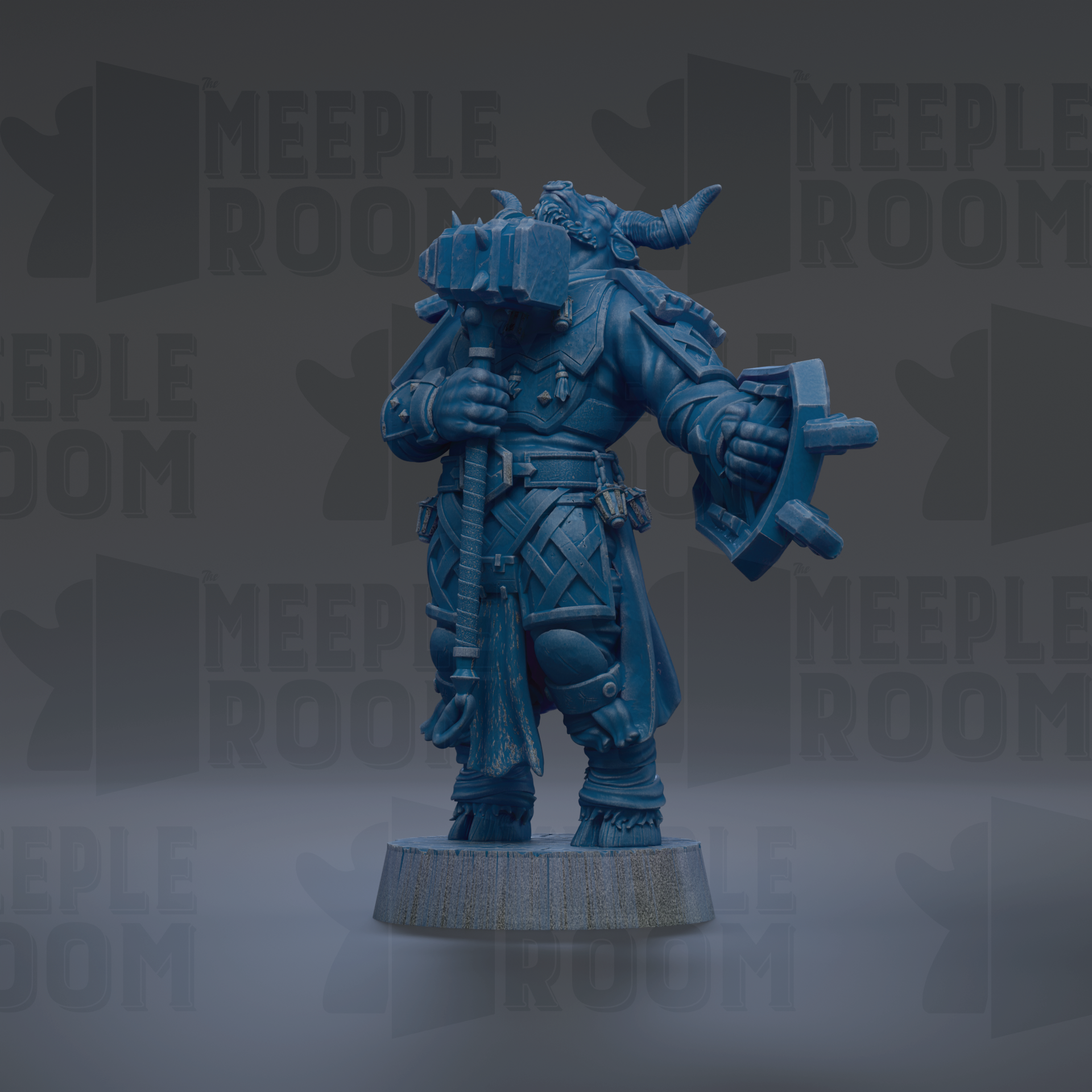 A blue, armored figure holding a shield stands on a pedestal against a dark background with repeated text.