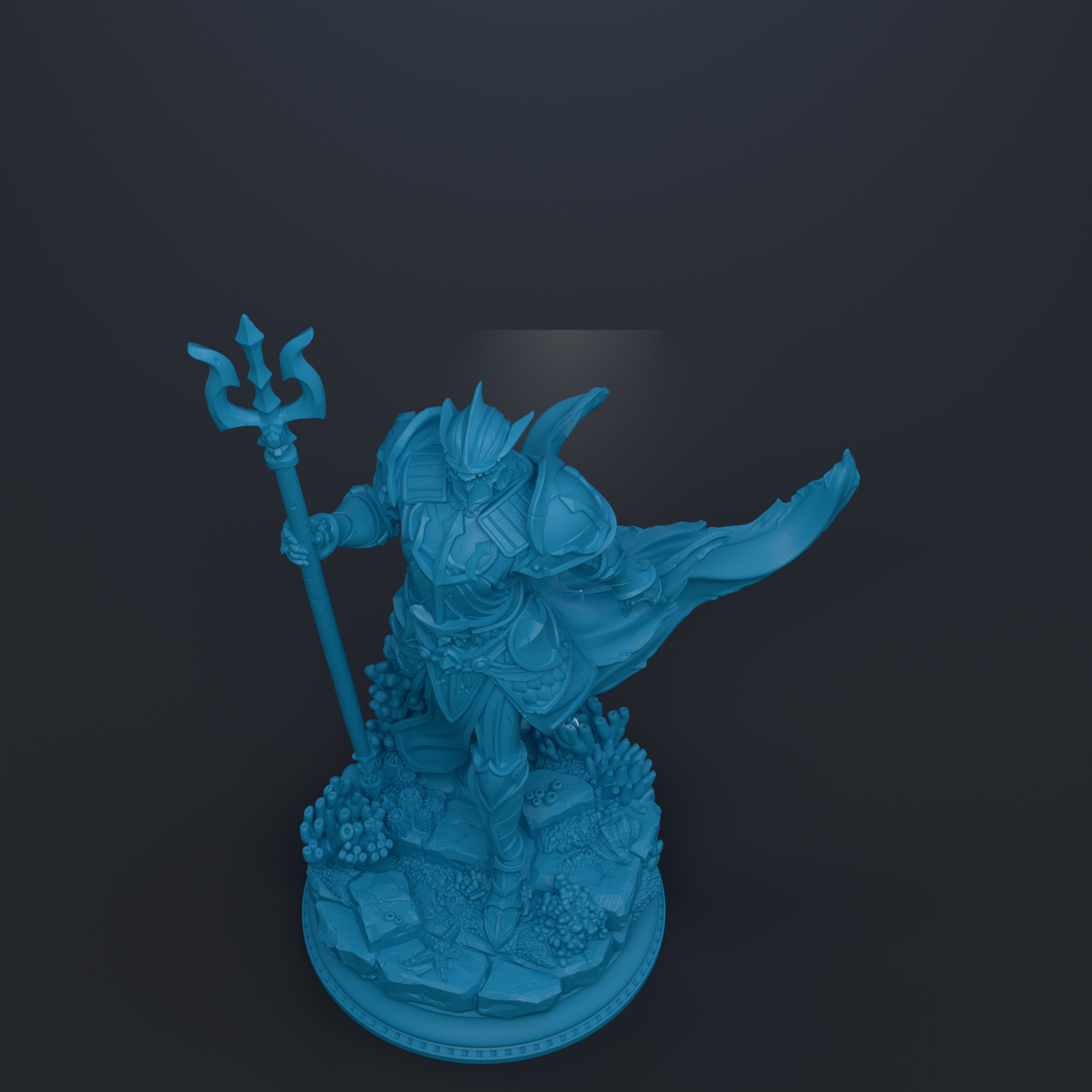 A blue statue of a warrior figure holding a trident and standing on a base with various elements.