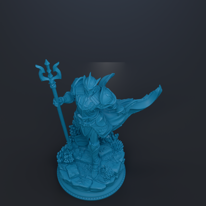 A blue statue of a warrior figure holding a trident and standing on a base with various elements.