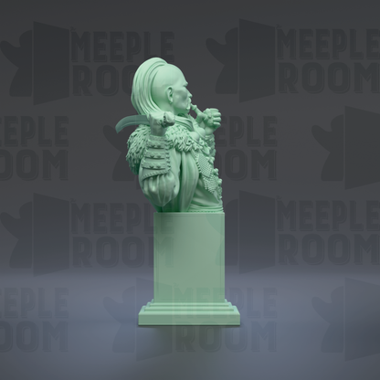 A green statue of a person with a sword and a crown, standing on a pedestal against a dark background with repeated text.