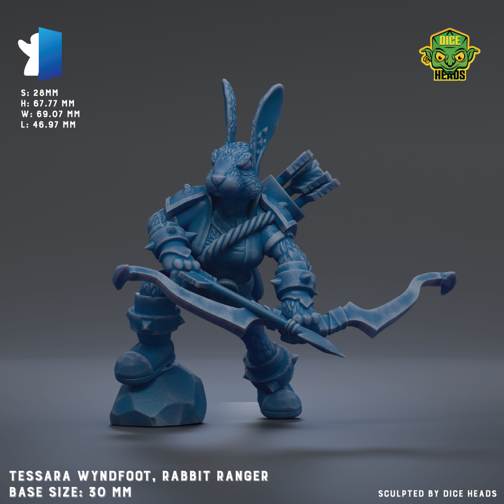 A 3D model of a rabbit-like character with a bow and arrow, depicted in a blue color. The character appears to be a rabbit ranger, as indicated by the text in the image.