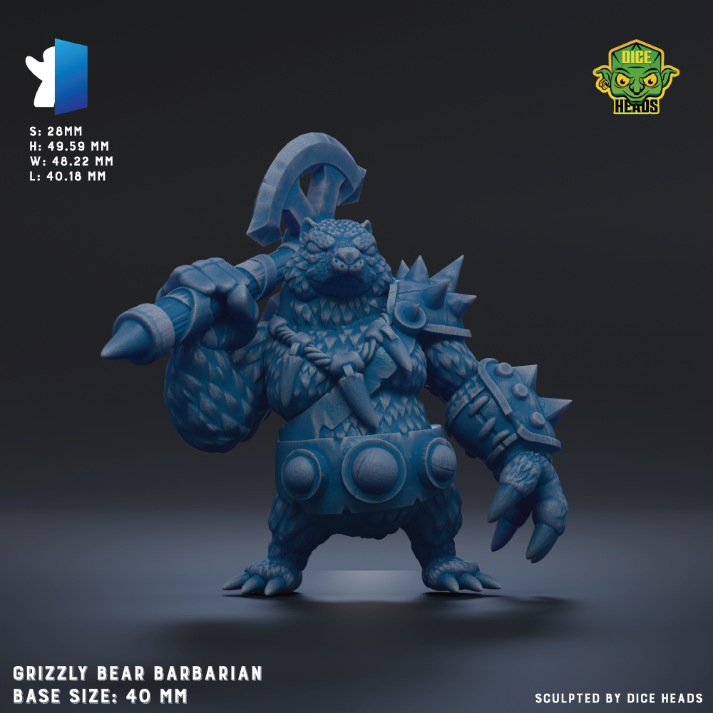 A 3D model of a Grizzly Bear Barbarian character, with a detailed and intricate design.