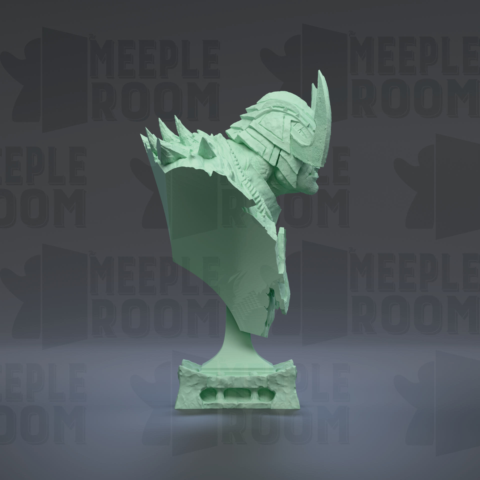 A green bust sculpture of a person with a helmet and armor, displayed against a dark background with repeated text.