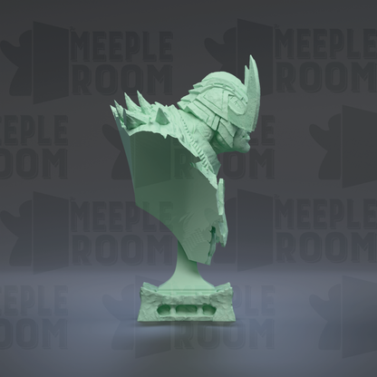 A green bust sculpture of a person with a helmet and armor, displayed against a dark background with repeated text.