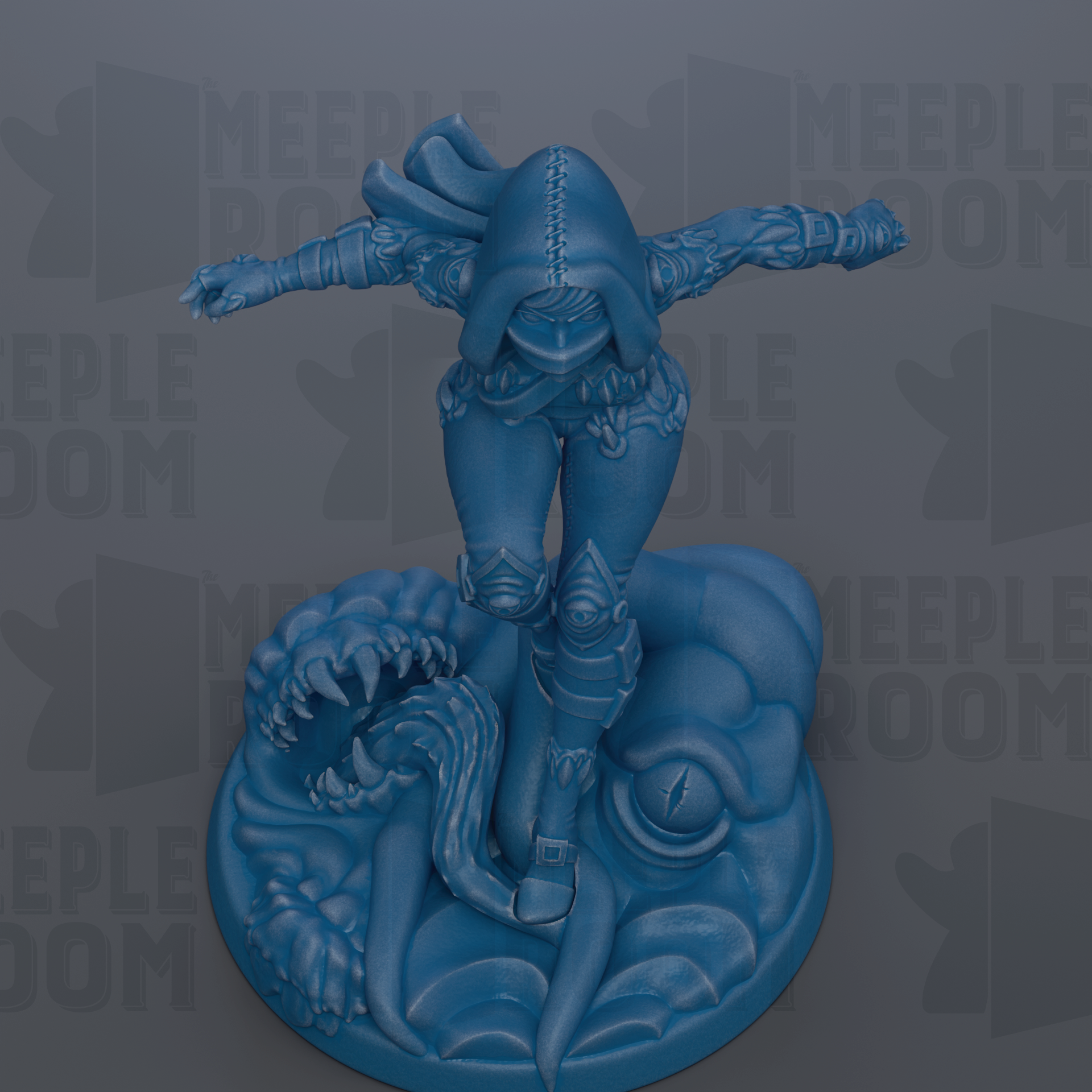A blue figurine of a person standing on a large, menacing creature with sharp teeth and claws.