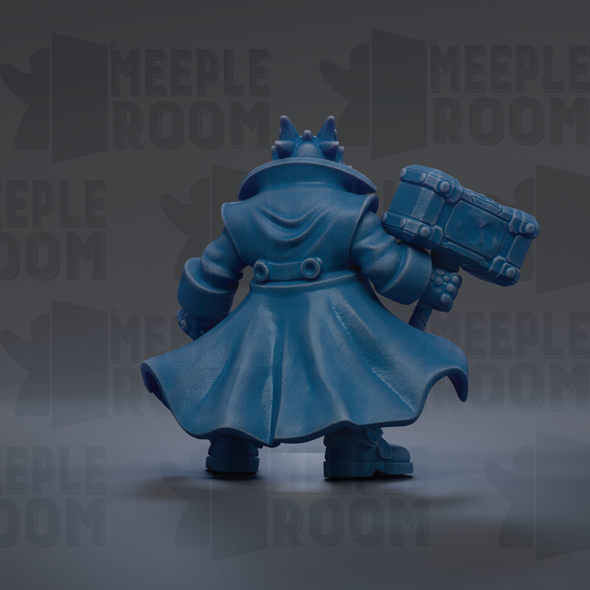 A blue 3D model of a character with a large hammer, wearing a long coat, standing against a dark background with repeated text.