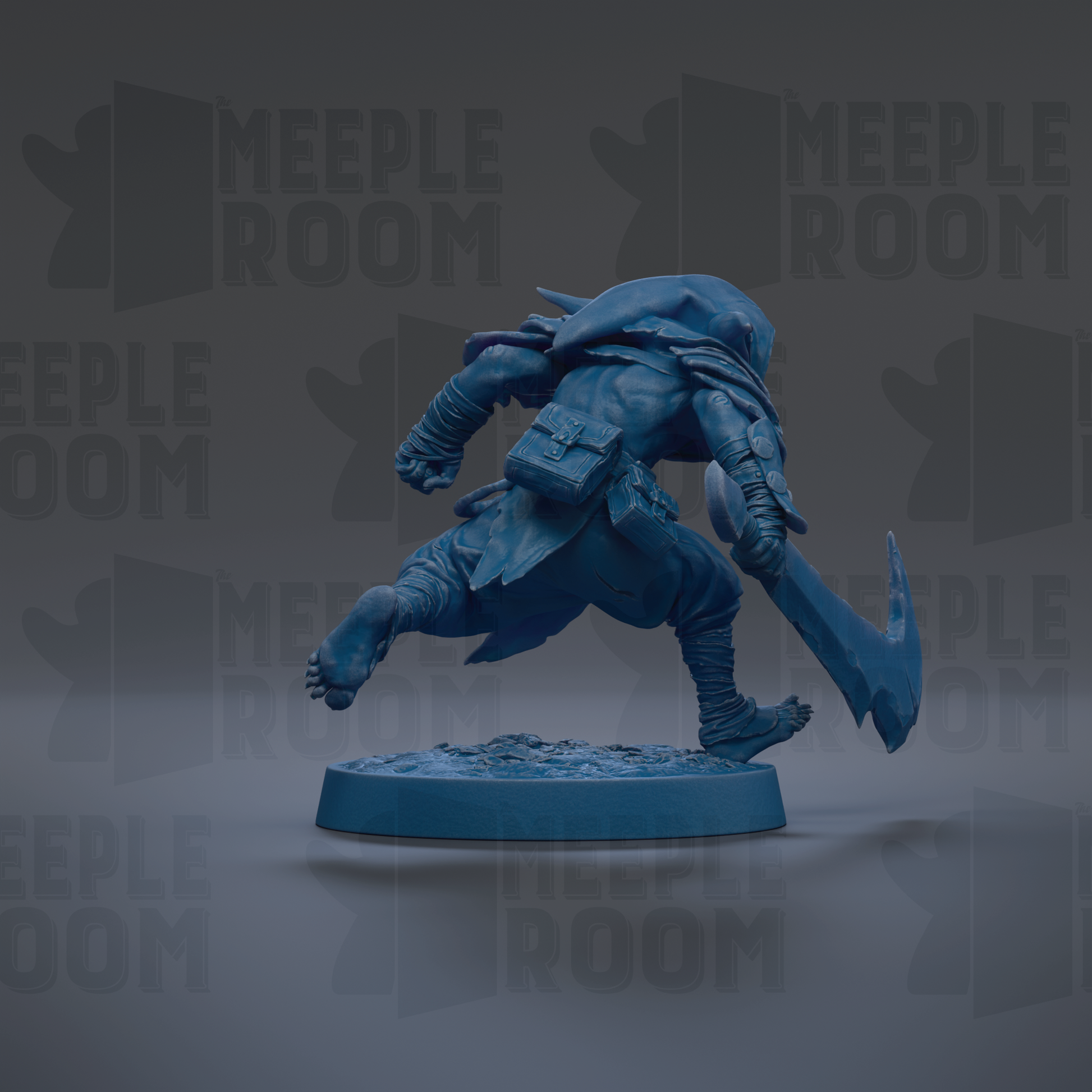 A blue figurine of a warrior wielding a sword and shield, standing on a base and facing to the right.