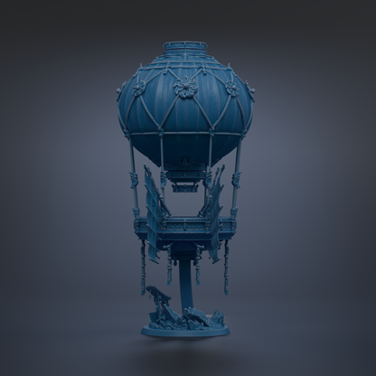 A blue, ornate hot air balloon sculpture stands against a dark background.