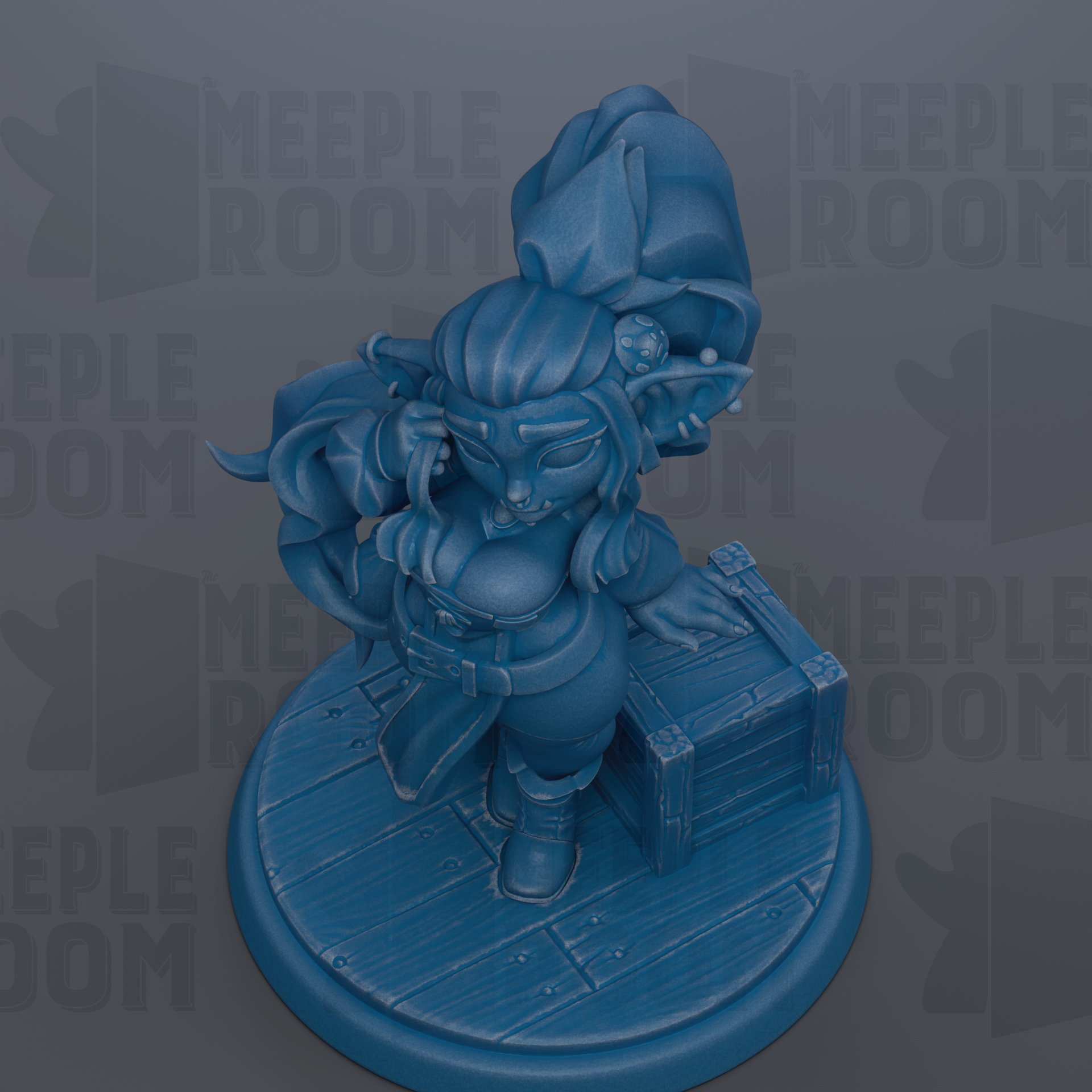 A blue figurine of a character with a pointed hat and beard, standing on a wooden base.