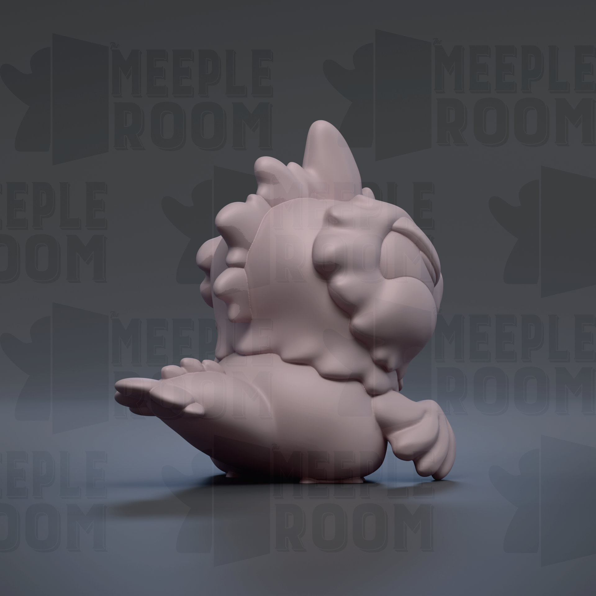 A 3D rendering of a small, light pink, cartoon-like creature with a large head and a long, curved tail.